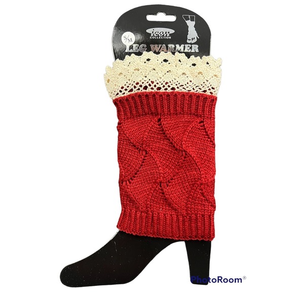 Icon Collection Accessories - Women Leg Warmer Boot Topper S/M‎ Maroon Cable Knit Crochet Lace Balletcore A